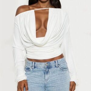 FASHION NOVA CHAIN REACTION DRAPED OFF SHOULDER TOP IVORY